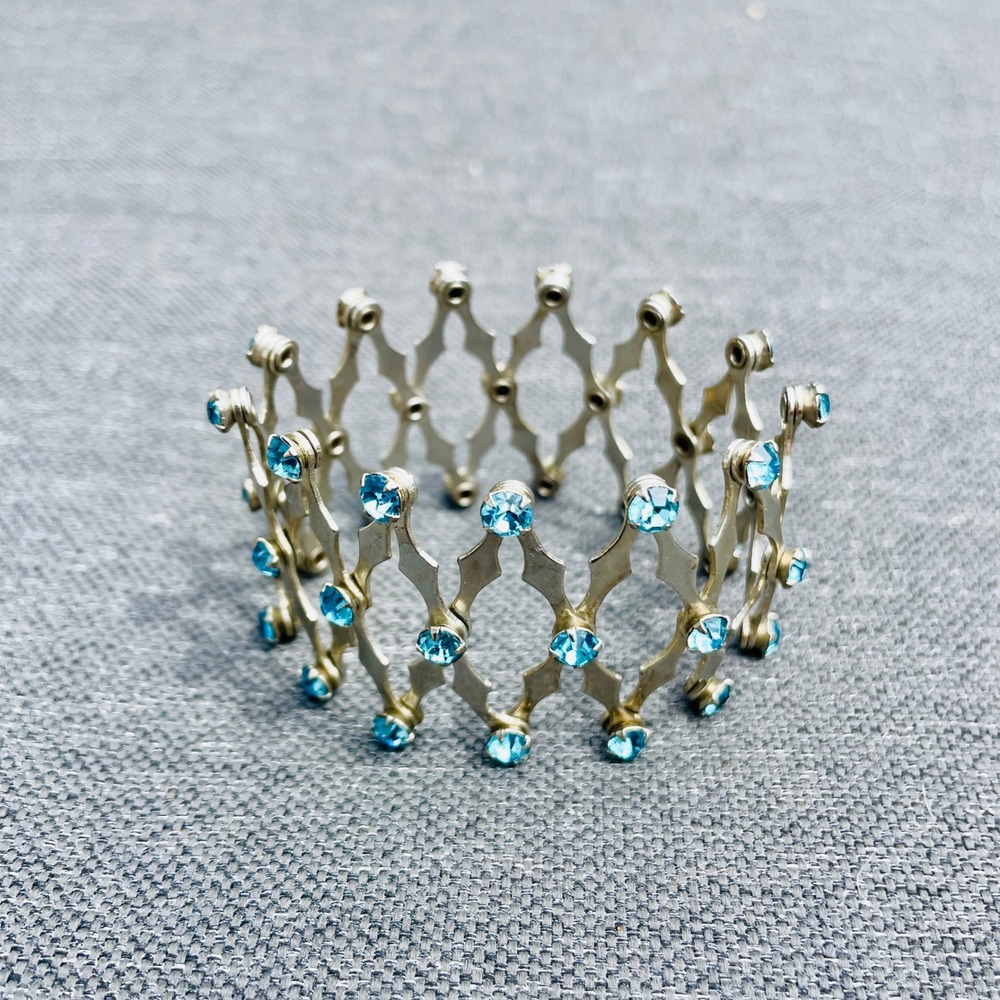 Vintage 1950s Expandable Chignon Hair Bun Cage‎ Silver Tone Blue Rhinestones